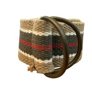Woven Canvas Tan Red Green Striped Belt D Brass Ring Vintage 47 in X Large